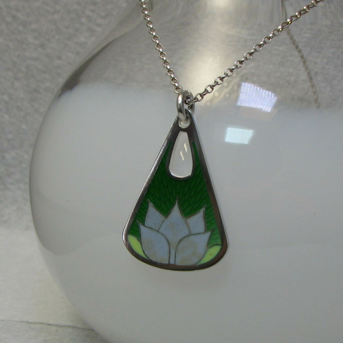 Vitreous enamel lotus flower pendant sterling silver