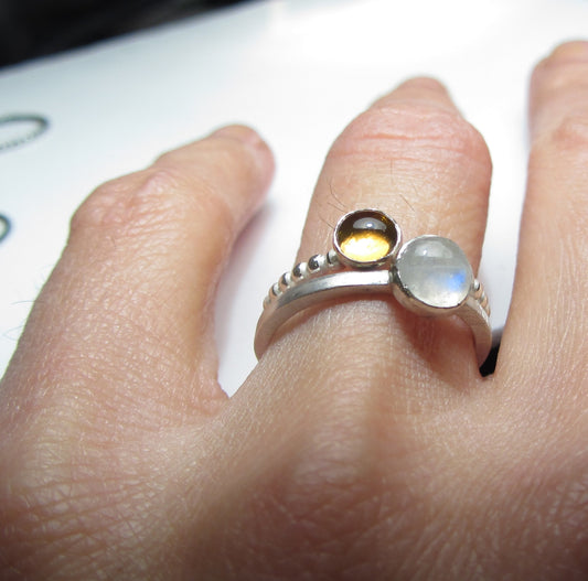 Sterling silver minimalist rings with citrine and rainbow moonstone gemstones, yellow gemstone stacking ring, moonstone stack, handmade