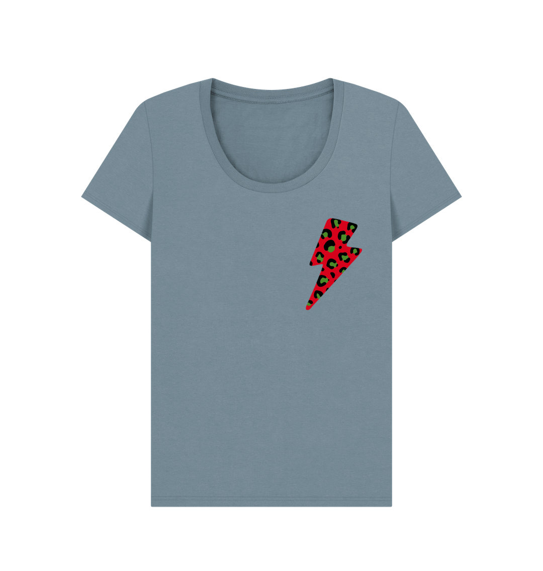 Stone Blue Christmas red and green leopard print lightning bolt scoop neck t-shirt