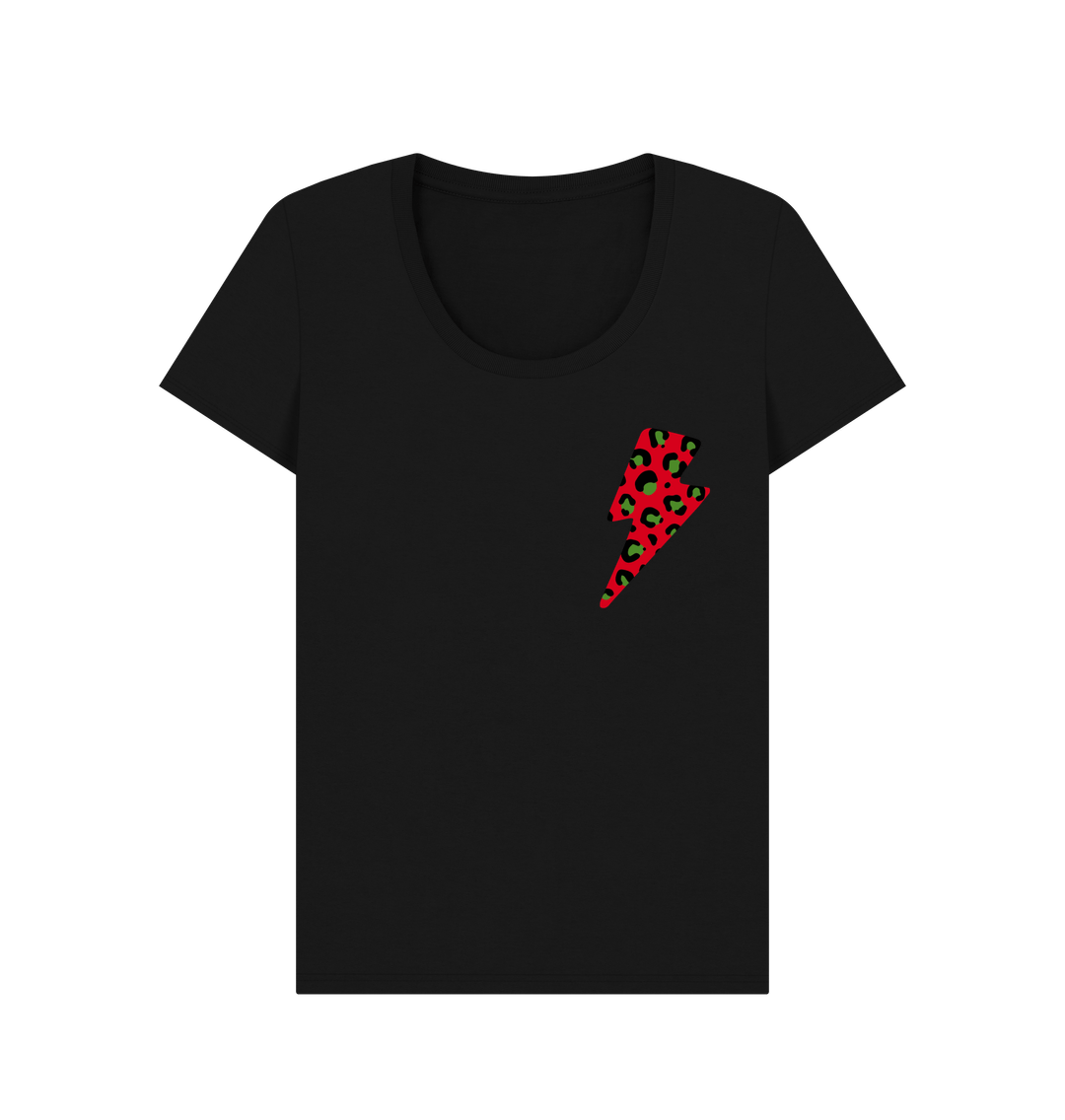 Black Christmas red and green leopard print lightning bolt scoop neck t-shirt