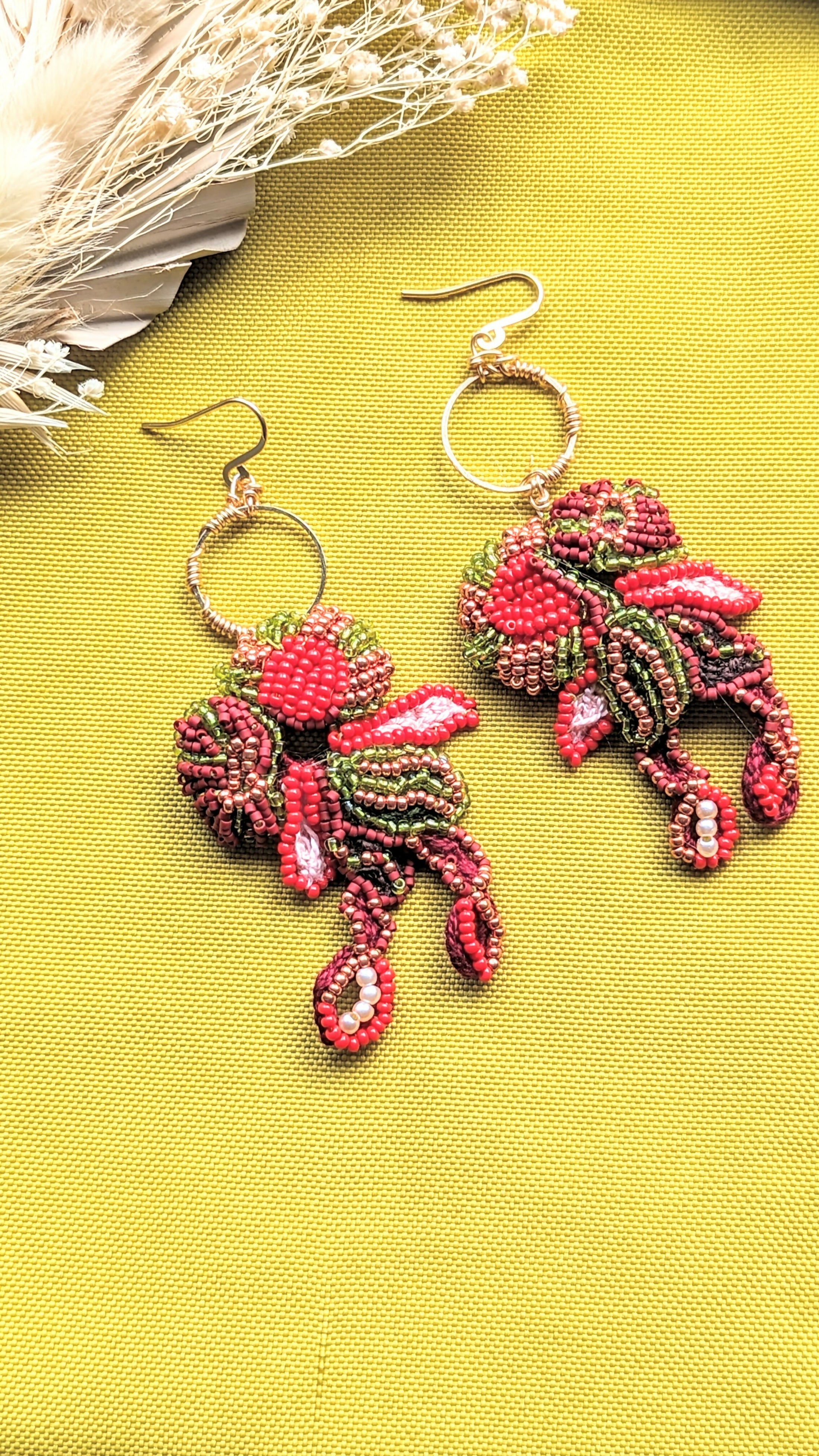 Red Green & Gold Statement Beaded Indian Boho Earrings