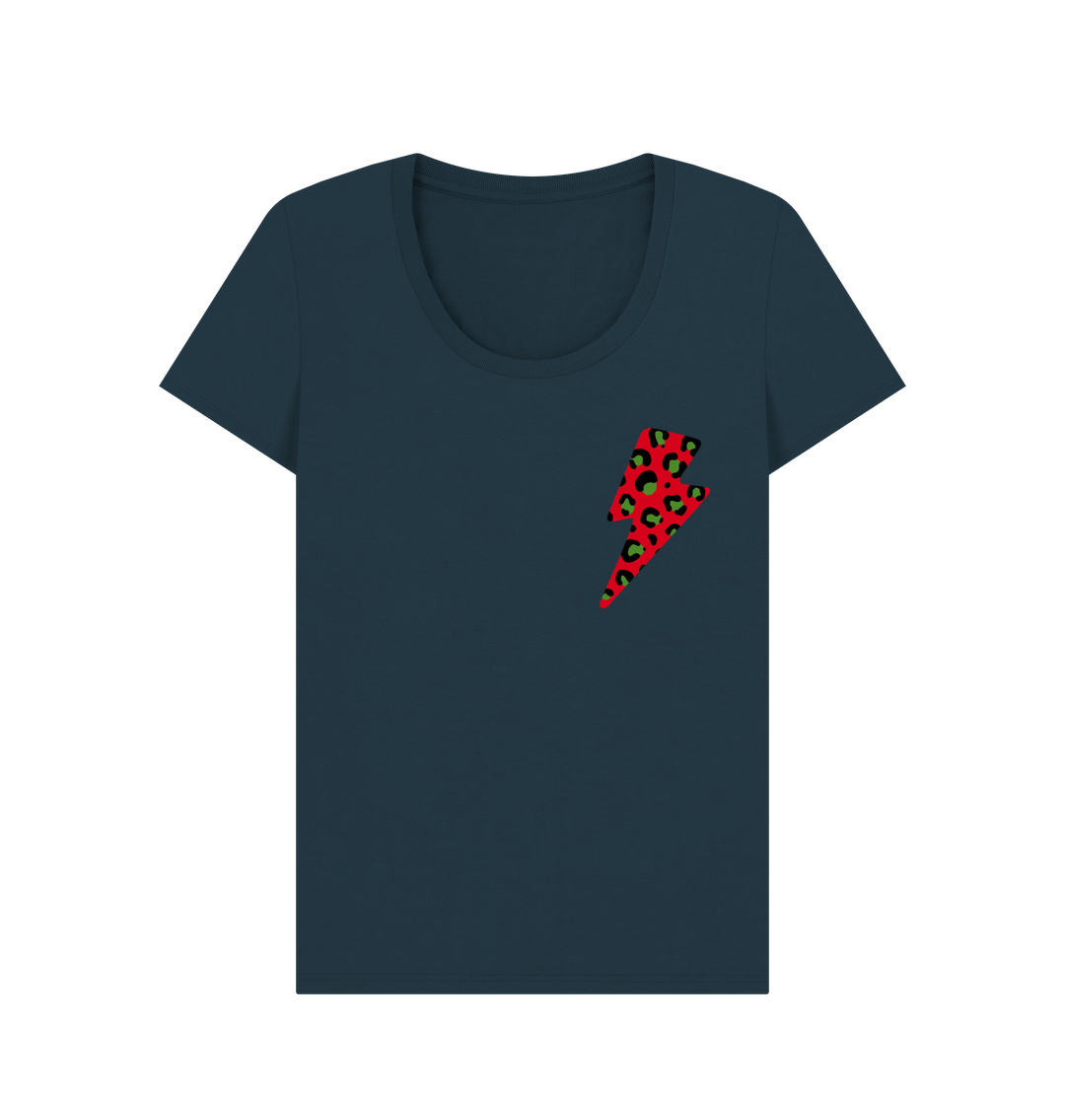 Denim Blue Christmas red and green leopard print lightning bolt scoop neck t-shirt