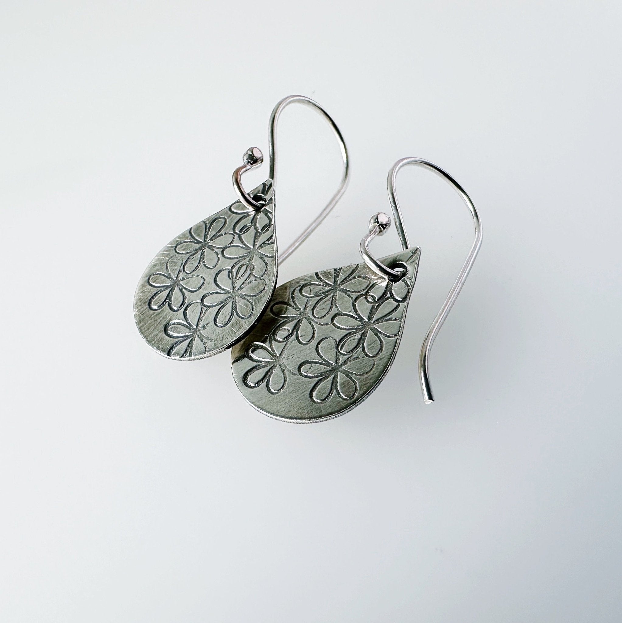 Hand Stamped Daisy Sterling Silver Teardrop Earrings - MaisyPlum