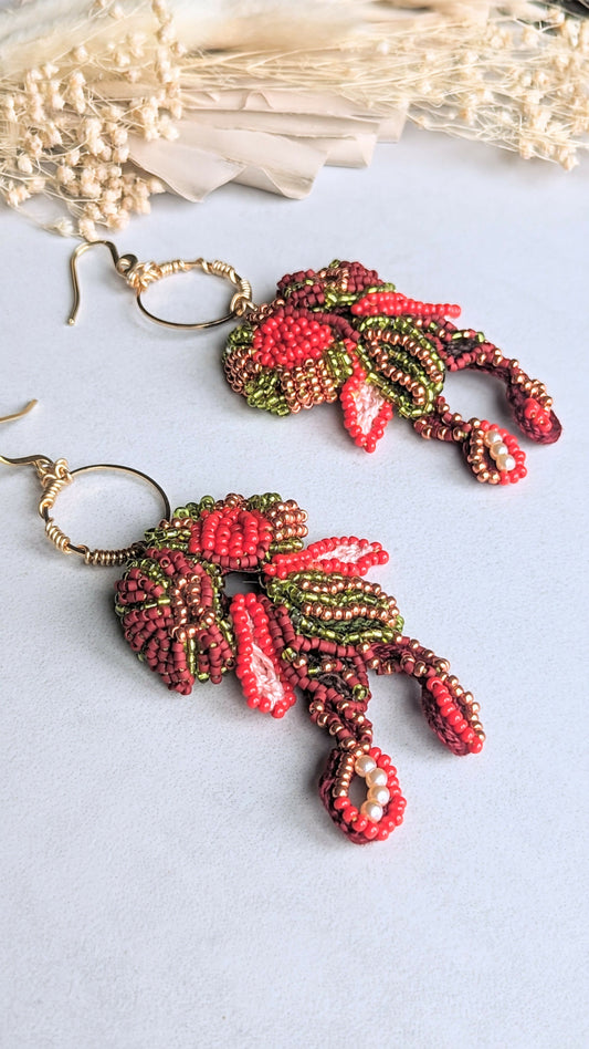 Red Green & Gold Statement Beaded Indian Boho Earrings