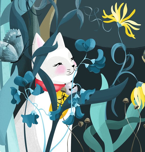 Lucky Cat and Flying Fox Illustration Art Print