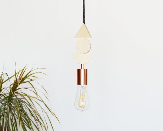 Natural Wood And Copper Shapes Pendant Hanging Ceiling Light