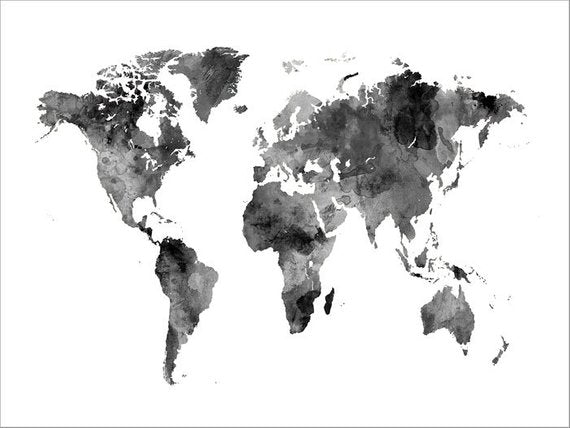 Watercolour Map of the world - Black & White