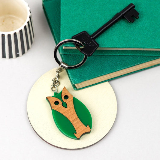 Owl Keyring, Owl Key Chain, Bird Key Holder, Green Laser Cut Acrylic & Wood, Scandinavian Design, Bird Lover Gift, Gift for Her, Kids Gift