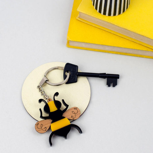 Bee Key Ring, Insect Key Chain, Bumble Bee Key Holder, Laser Cut Acrylic & Wood, Gift for Gardener, Gift for Her, Scandinavian Design