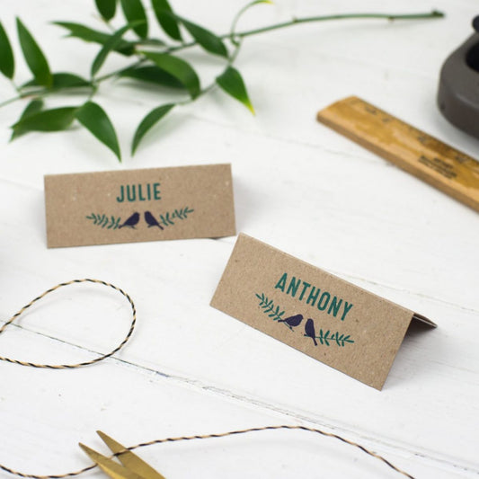 Wedding Place Cards, Woodland Wedding Place Names, Rustic Wedding Table Names, Love Bird Name Tags, Garden Party, Retro Natural Kraft Cards
