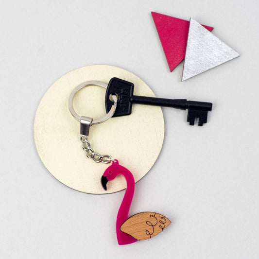 Flamingo Keyring, Tropical Bird Key Chain, Animal Key Holder, Laser Cut Acrylic & Wood, Gift for Pink Flamingo Lover, Scandinavian Design