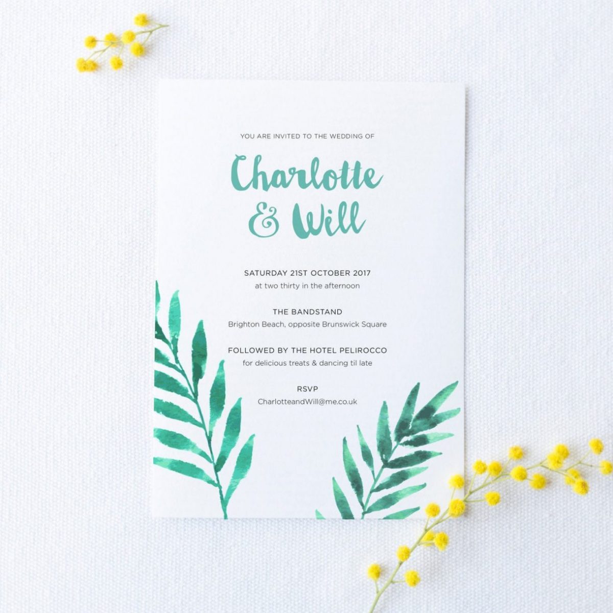 Botanical Wedding Invitation, Watercolour Fern Leaf Invite, Calligraphy Brush Lettering, Hand Painted Woodland Wedding Stationery