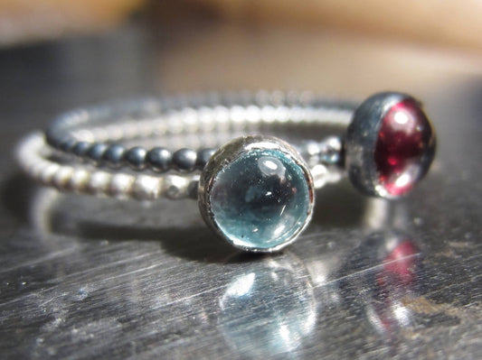 Topaz and garnet stacking rings in sterling silver, blue and red genuine gemstones rings, minimalist handmade jewelry