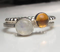 Load image into Gallery viewer, Sterling silver minimalist rings with citrine and rainbow moonstone gemstones, yellow gemstone stacking ring, moonstone stack, handmade
