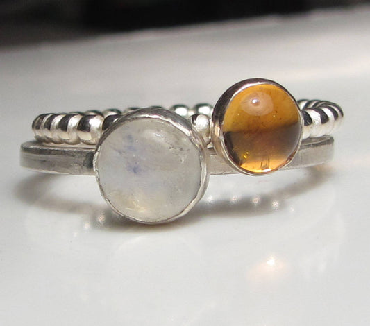Sterling silver minimalist rings with citrine and rainbow moonstone gemstones, yellow gemstone stacking ring, moonstone stack, handmade