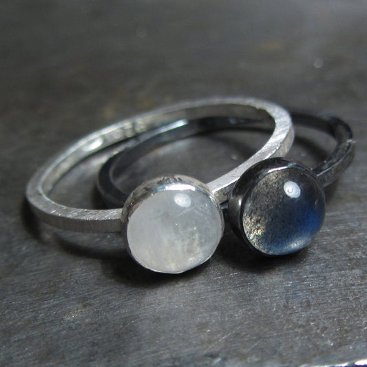 Grey labradorite and blue moonstone sterling silver stacking rings , natural cabochon gemstones, minimalist rings stack