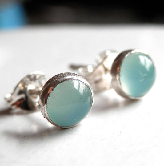 Aqua Blue chalcedony Stud Earrings in sterling silver 925 - Light Blue Posts, round silver earrings, small studs
