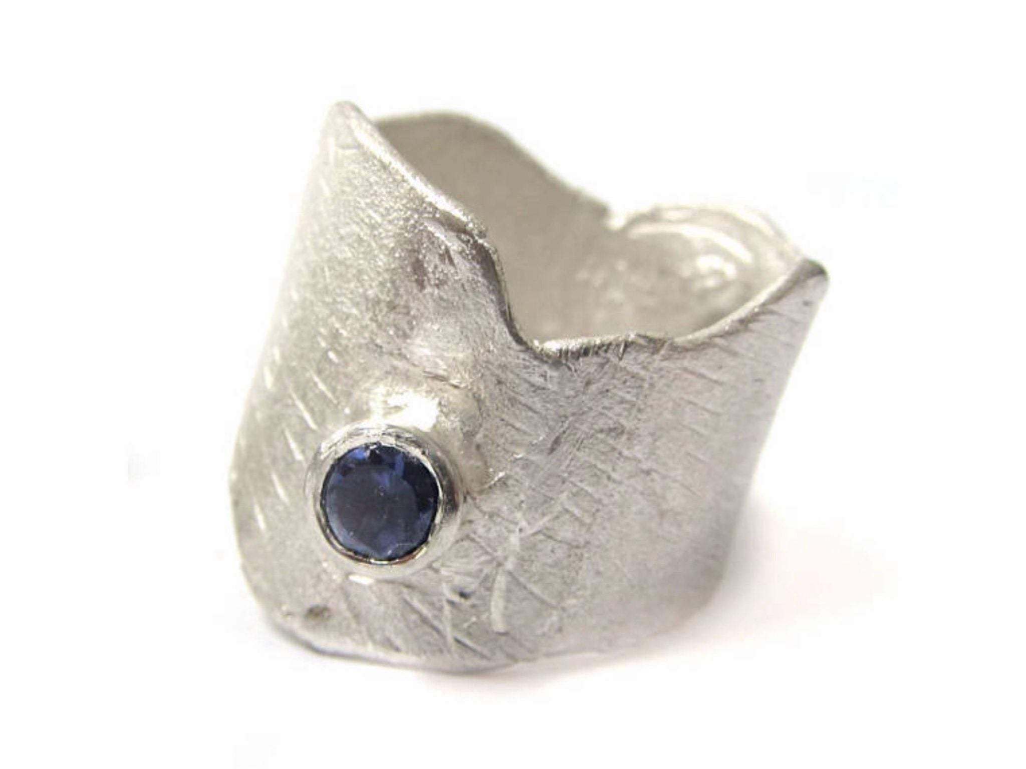 Sculptural Silver Ring with a blue Iolite gemstone - large statement ring, sterling silver organic ring