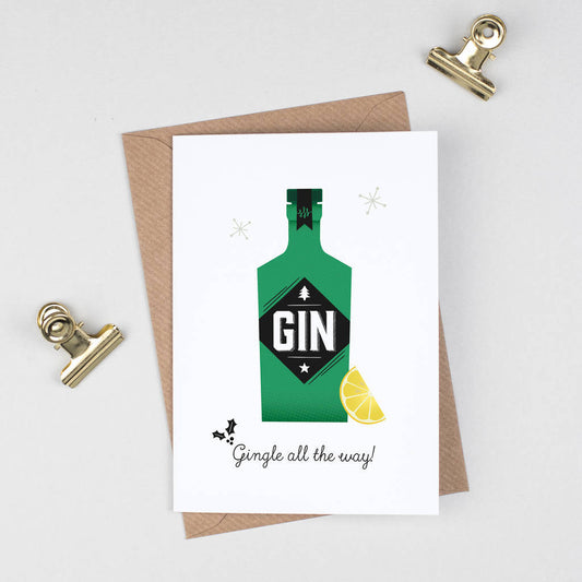 Gin Christmas Card, Funny Christmas Card, Gingle All the Way, Card for Gin Drinker, Card for Her, Vintage Green Gin Bottle, Retro Design
