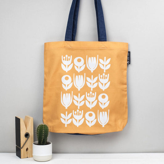Scandinavian Flower Pattern Tote Bag, Mid Century Shopping Bag, Plant & Leaf Canvas Shoulder Bag, Retro Design, Yellow and Denim Fabric Tote