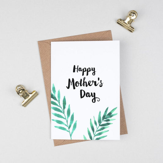 Botanical Mothers Day Card, Watercolour Fern Leaf, Mothers Day Gift, Hand Drawn Calligraphy, Unique Card for Mum, Nature Green Leaves Print