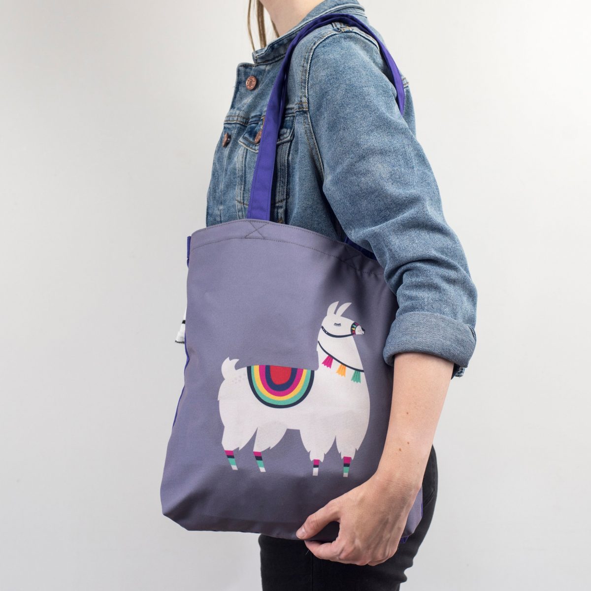 Llama Tote Bag, Llama Birthday Gift for Her, Mexican Design, Alpaca Llama Print, Handmade Canvas Shopping Bag, Kids Book Bag, Purple & Grey
