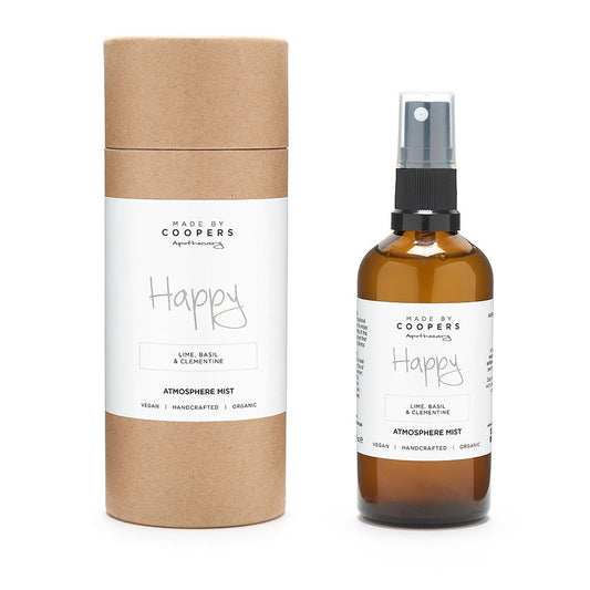 ATMOSPHERE MIST. HAPPY 100% Natural with Lime, Basil & Clementine Essential Oils. 100ml Glass Bottle. Organic Ingredients.