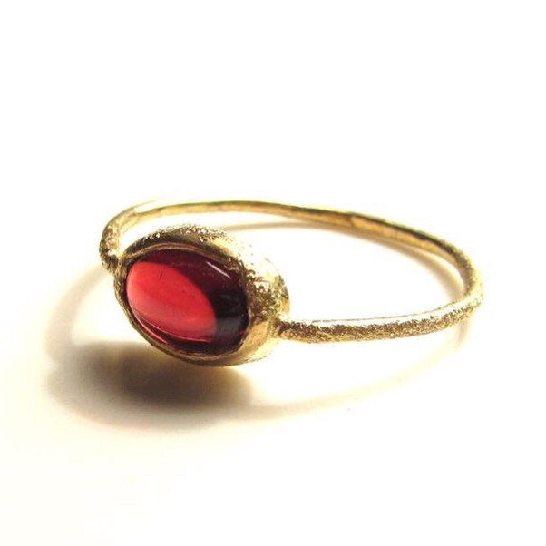 Red Garnet ring in 22K 22ct solid yellow gold, oval cabochon solitaire engagement ring, Mozambique garnet, simple textured stacking ring