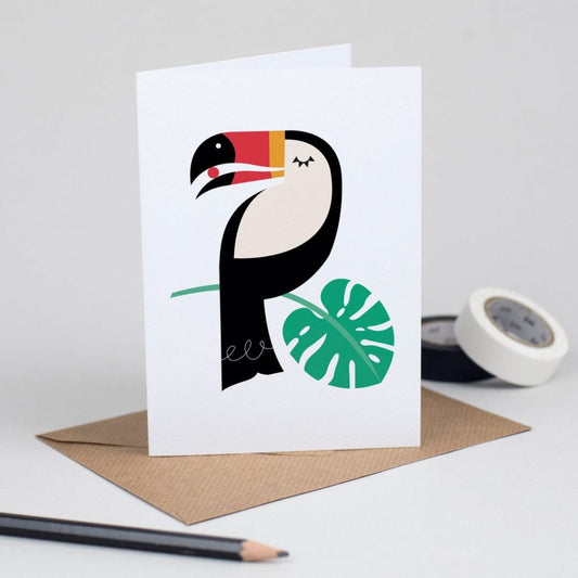 Toucan Card - Tropical Birthday Card - Toucan Bird Greetings Card - Kids Jungle Note Card - Palm Tree - Monstera Leaf - Card for Bird Lovers