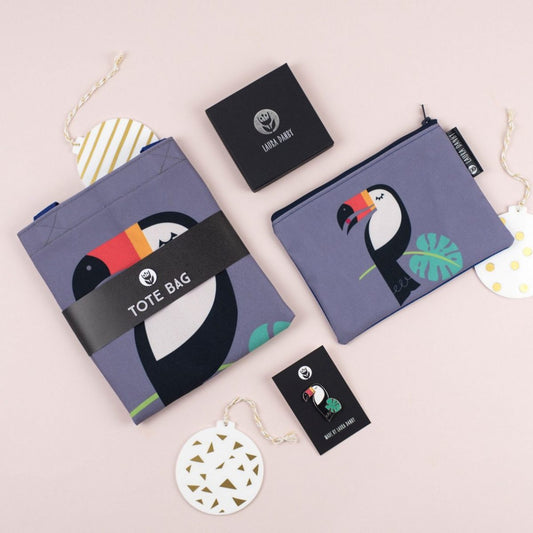 Toucan Tropical Bird Gift Set, Tote Bag, Pencil Case and Enamel Pin Gift Set For Her, For Women, For Christmas, Tropical Bird Gift For Kids
