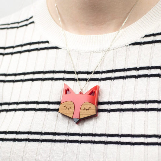 Fox Necklace, Fox Jewellery, Fox Pendant, Geometric Laser Cut Fox, Statement Necklace, Scandinavian Jewellery, Wooden Pendant, Gift For Her