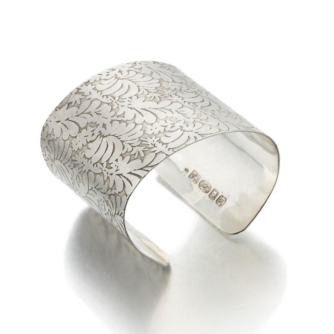 sterling silver Cuff Bracelet with Large Volutes engraved Photo etched floral pattern