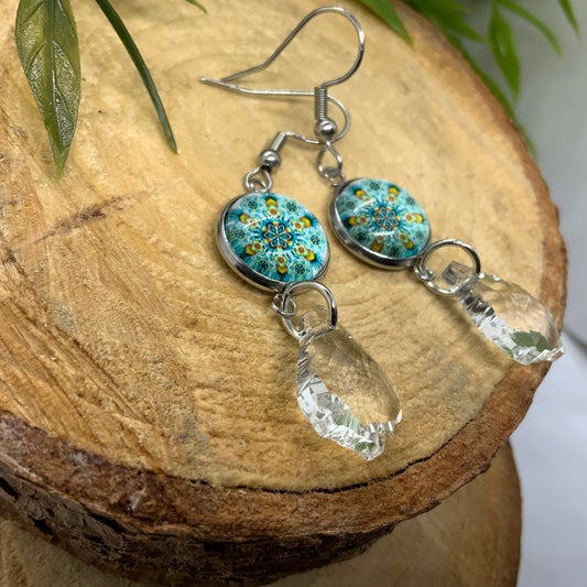 Mandala and Crystal Charm Drop earrings, Mothers Day Glass Cabochon Earrings, Boho Style Accessories for Girlfriend, Ready to Ship