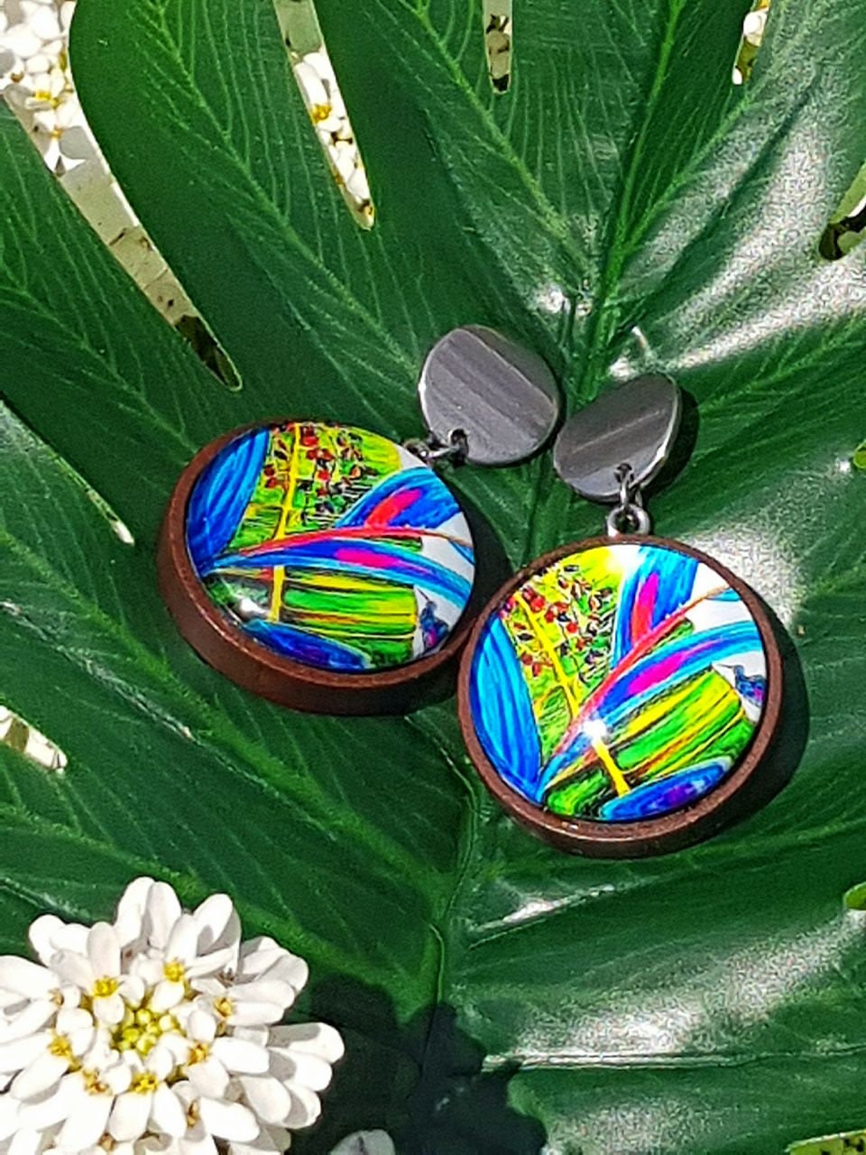 Colourful Hummingbird Drop Earrings, Rainbow Leaf Print Earrings, Original Art Statement Earrings for Her, Birthday Gift for Her