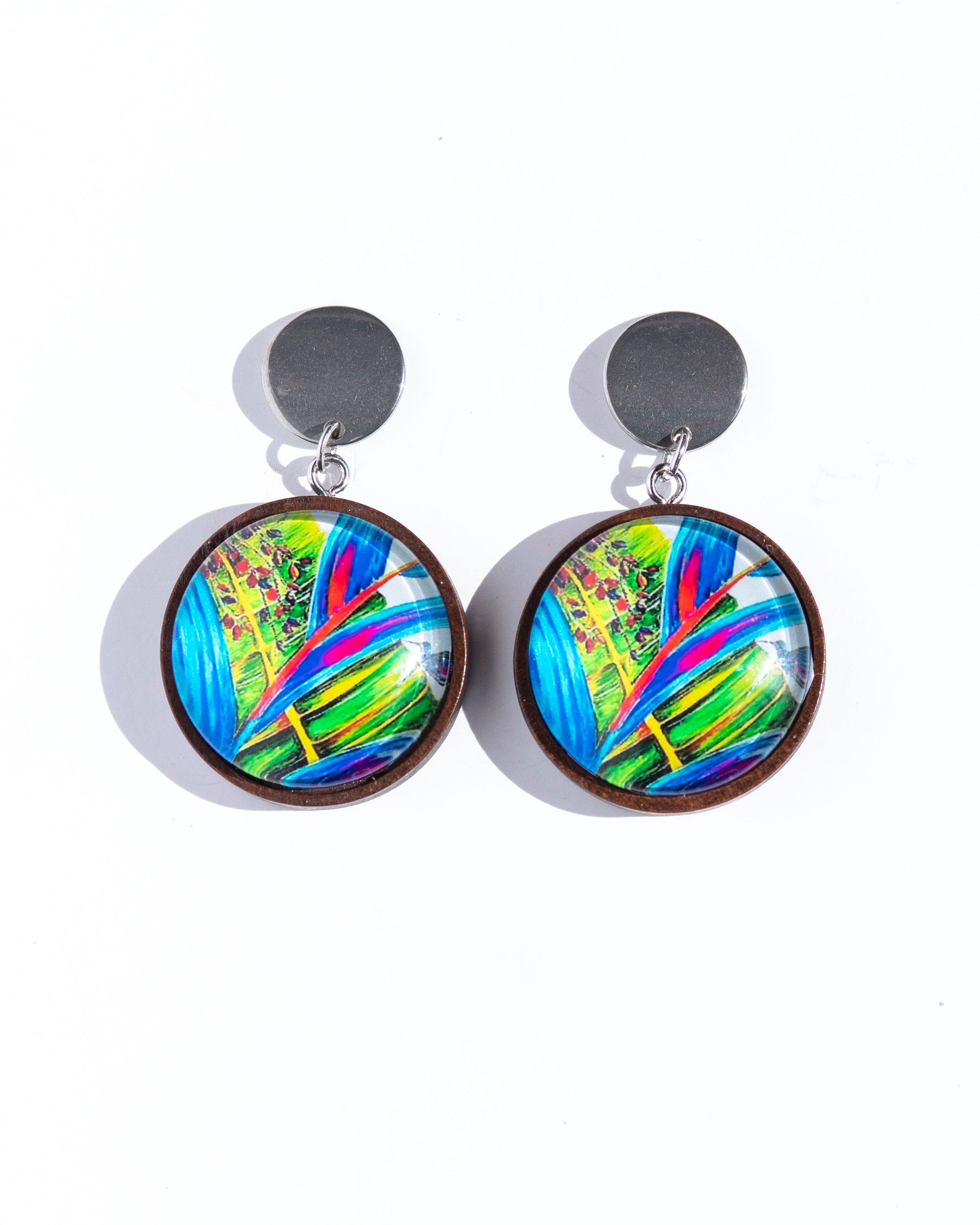 Colourful Hummingbird Drop Earrings, Rainbow Leaf Print Earrings, Original Art Statement Earrings for Her, Birthday Gift for Her
