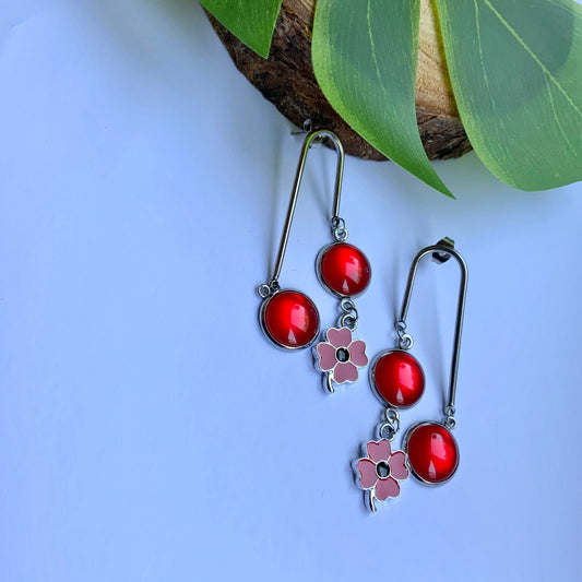 Red Poppy Flower Earrings, Long dangle Earrings for Ladies, Poppy Charm Earrings, Red Cabochon Drop Earrings, Unique Accessories for Ladies