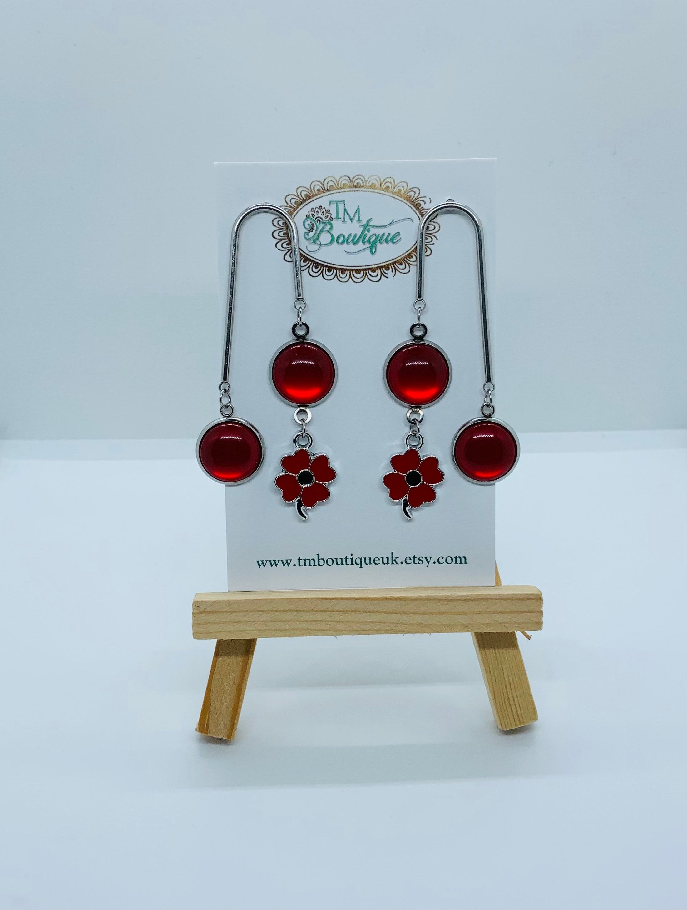 Red Poppy Flower Earrings, Long dangle Earrings for Ladies, Poppy Charm Earrings, Red Cabochon Drop Earrings, Unique Accessories for Ladies