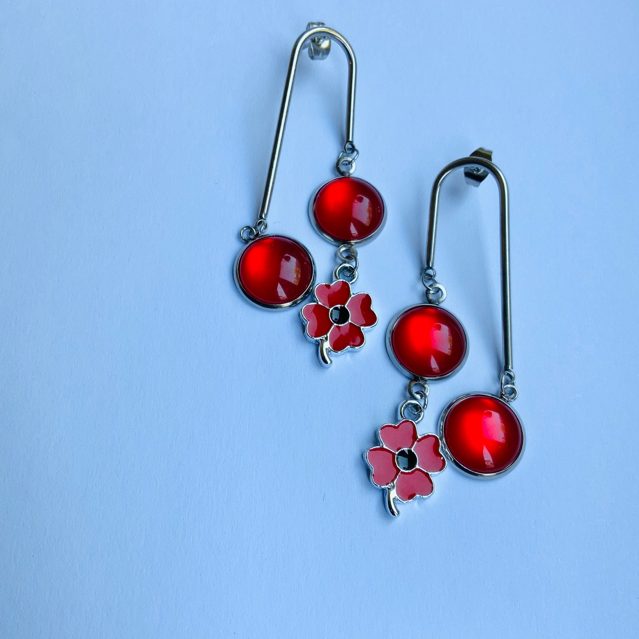 Red Poppy Flower Earrings, Long dangle Earrings for Ladies, Poppy Charm Earrings, Red Cabochon Drop Earrings, Unique Accessories for Ladies