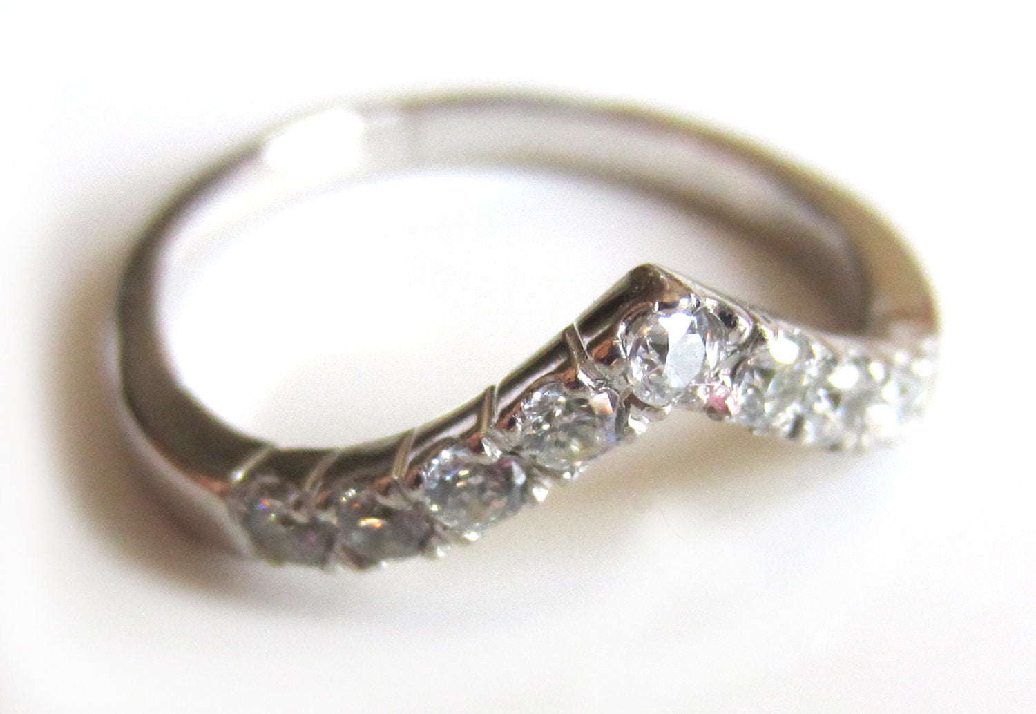 18ct Gold wedding ring - 18k recycled white gold V wishbone ring with pave set diamonds - Ring guard - semi eternity diamond ring