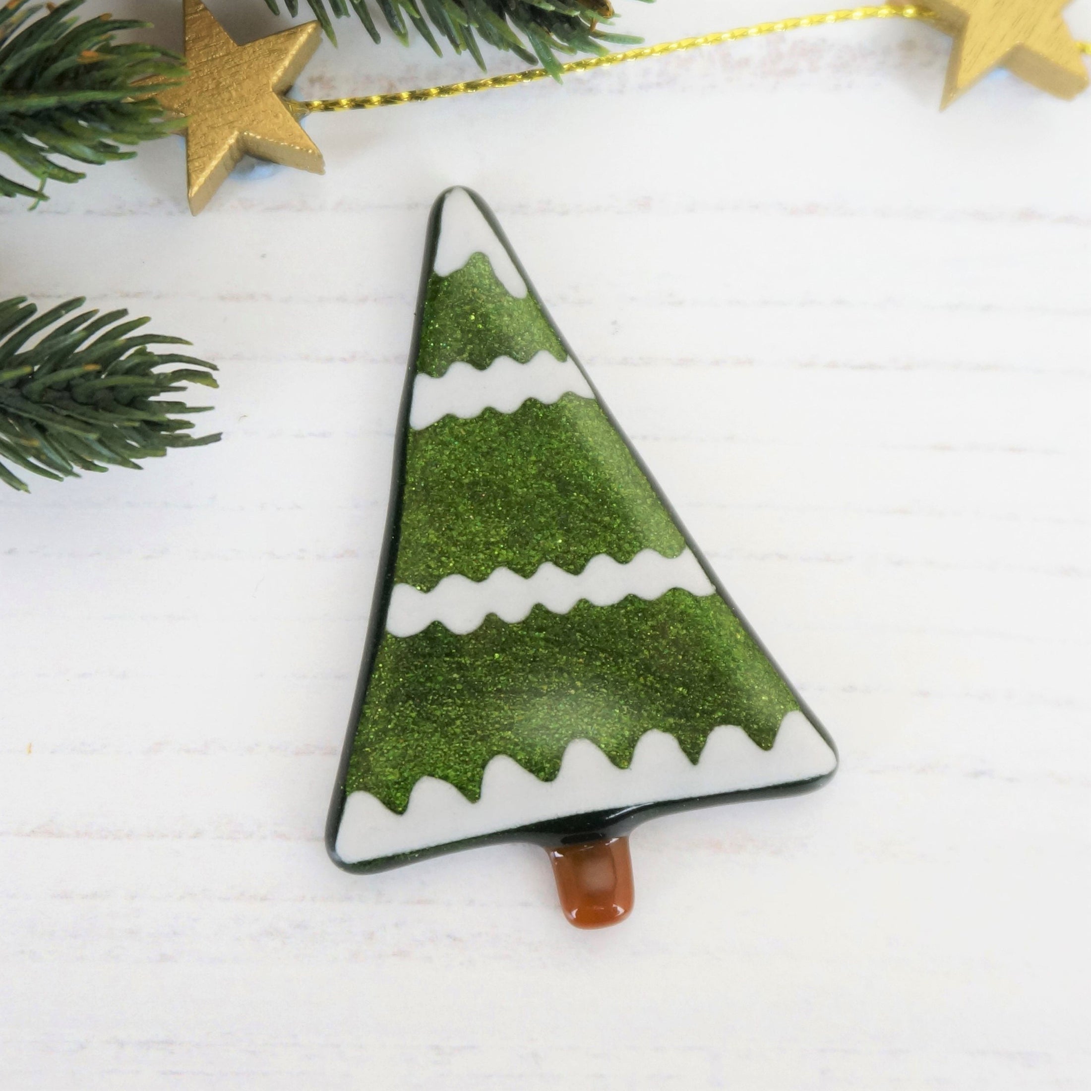 Handmade Fused Glass Snowy Tree Brooch Badge By Jessica Irena Smith Glass