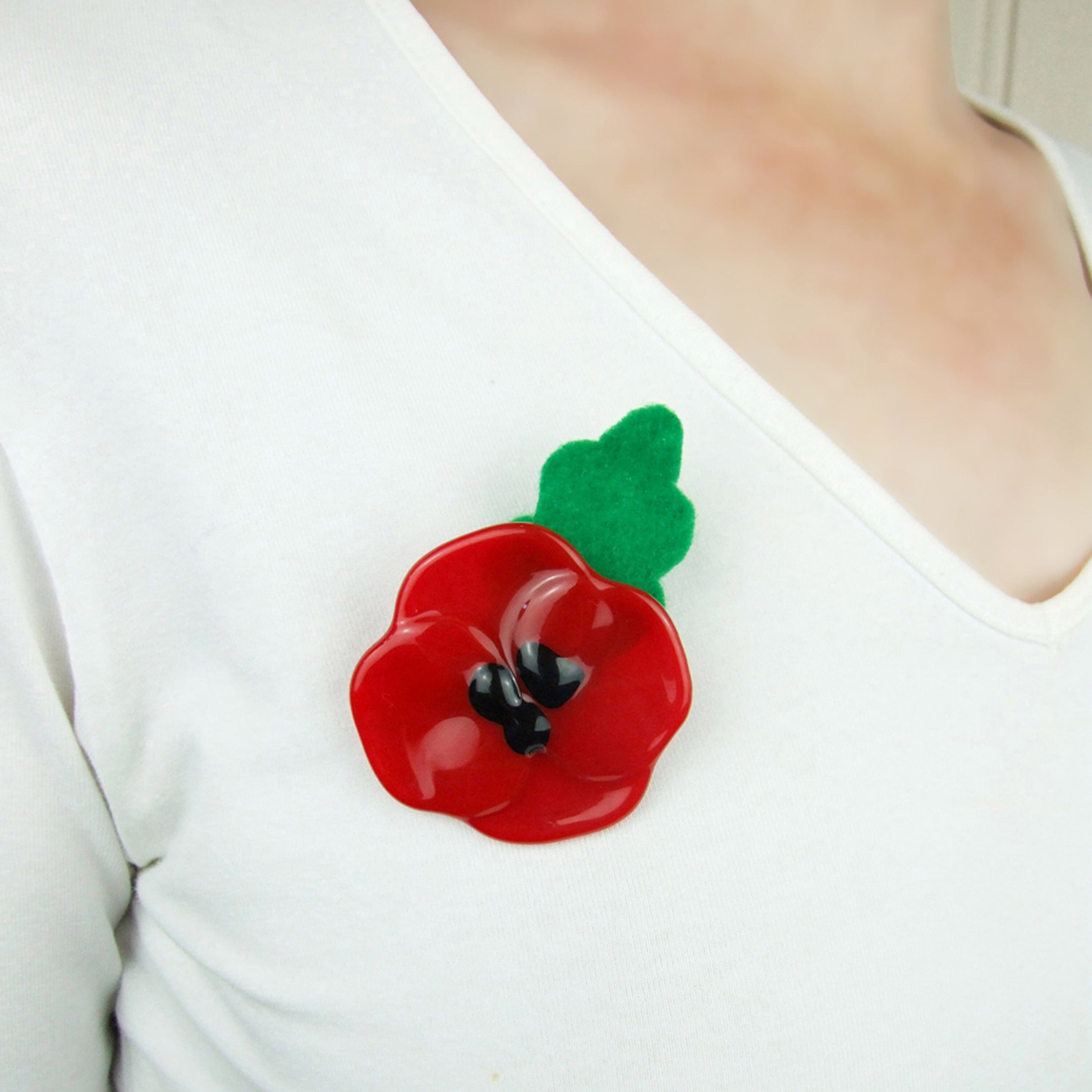 Handmade Fused Glass Poppy Brooch With Felt Leaf By Jessica Irena Smith Glass