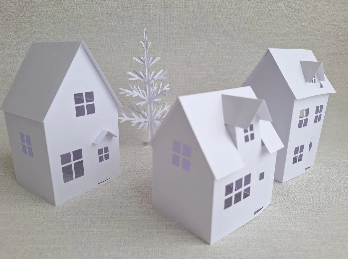 Set of 3 Paper House Bundle Plus Tree/ Christmas Village Set/ DIY Tea Light/ Paper Village/ Tea Light House/ Paper House Decoration/