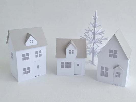 Set of 3 Paper House Bundle Plus Tree/ Christmas Village Set/ DIY Tea Light/ Paper Village/ Tea Light House/ Paper House Decoration/