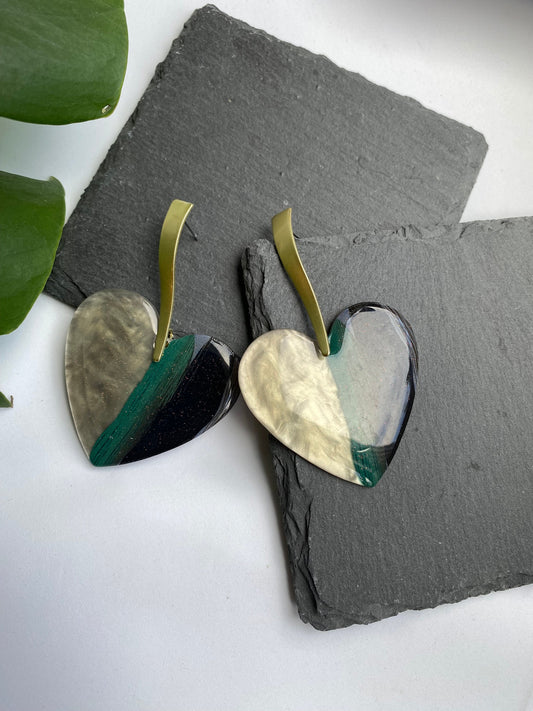 Heart Shaped Statement Earrings, Green Grey Black Heart Earrings for Ladies, Unique Valentines Jewelry for Loved One, Large Dangle Earrings