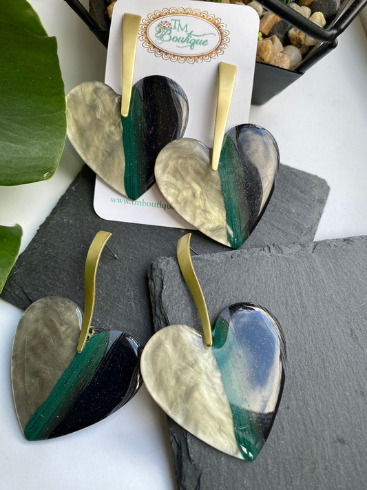 Heart Shaped Statement Earrings, Green Grey Black Heart Earrings for Ladies, Unique Valentines Jewelry for Loved One, Large Dangle Earrings