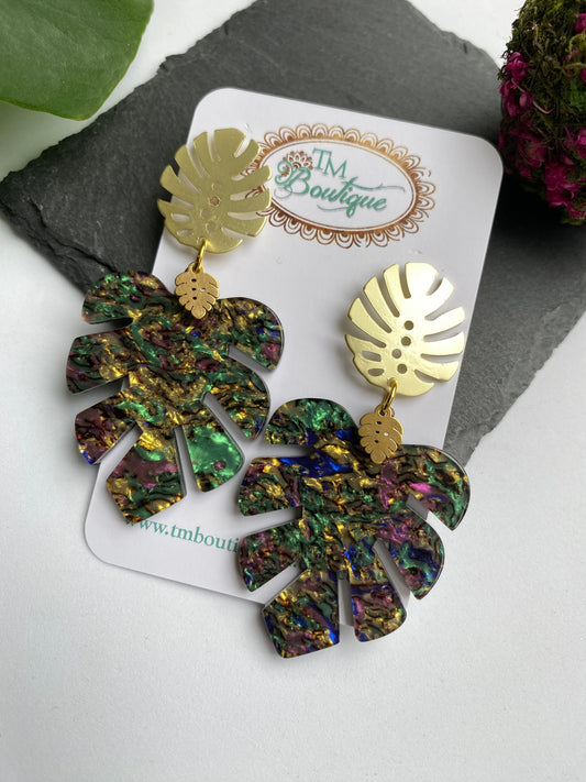 Multicoloured Monstera Leaf Earrings, Leaf Shaped Stud Earrings for Ladies, Rainbow Glitter Acrylic Charm Earrings, Gold Plated Jewelry