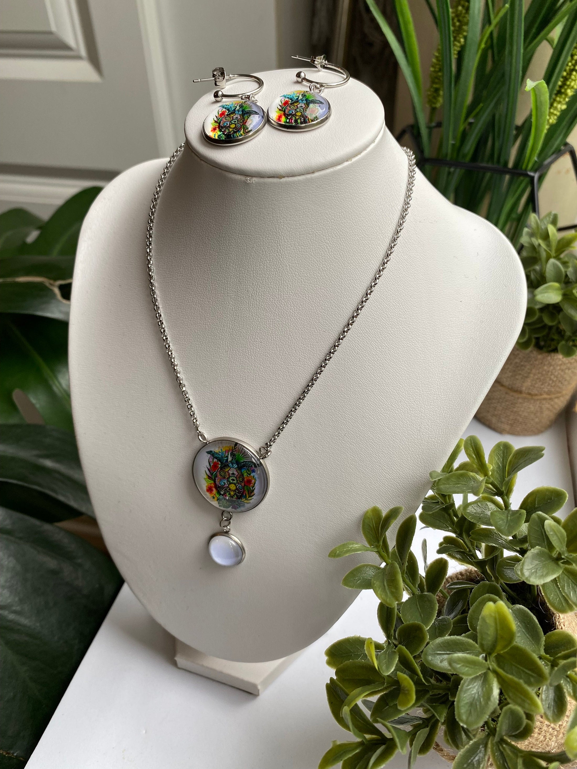 Turtle Earring Necklace Set, Adjustable Necklace, Beach Inspired Photo Jewelry, Turtle Photo Cabochon Set, Cruise Ship Holiday Jewelry