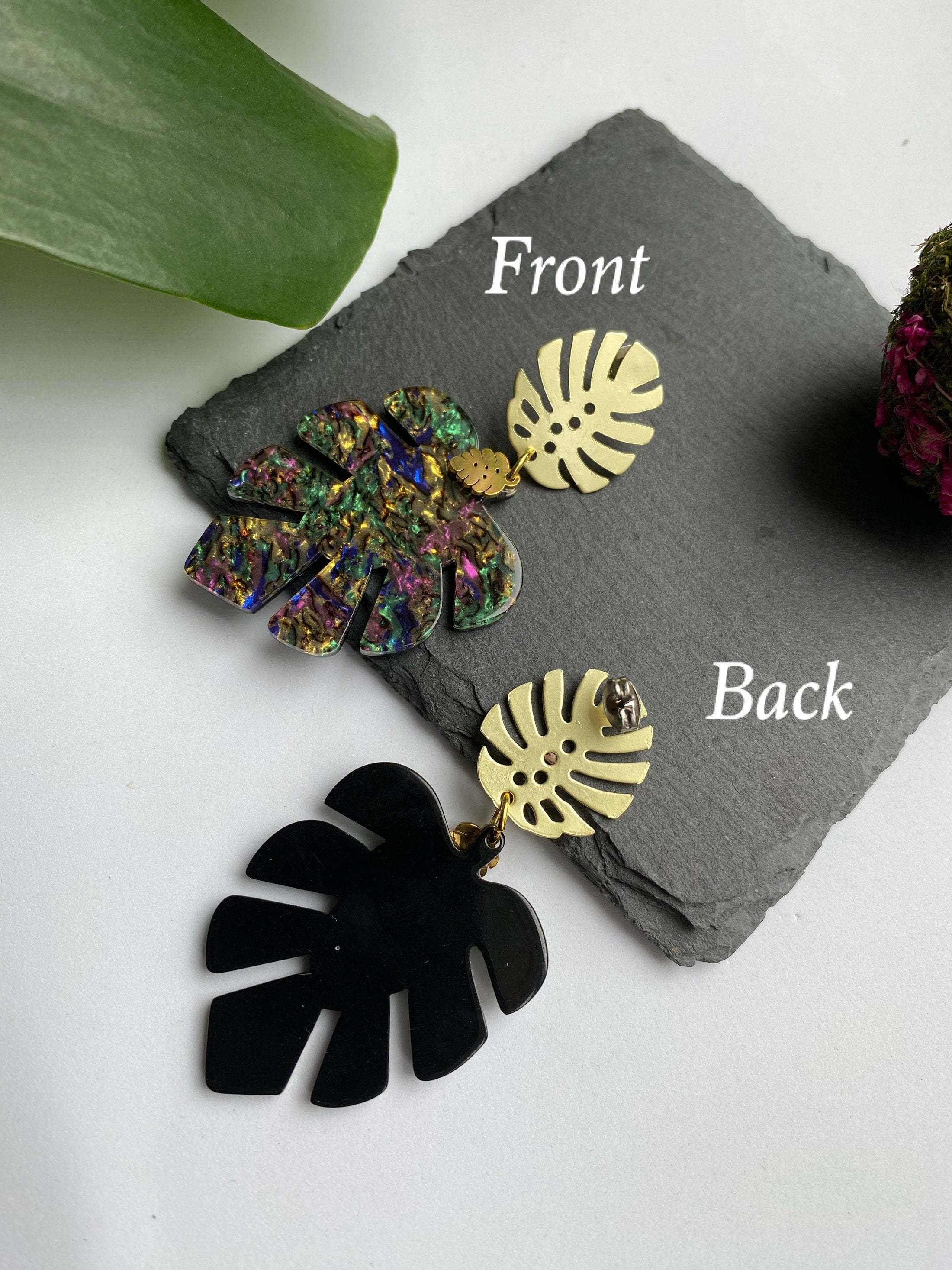 Multicoloured Monstera Leaf Earrings, Leaf Shaped Stud Earrings for Ladies, Rainbow Glitter Acrylic Charm Earrings, Gold Plated Jewelry