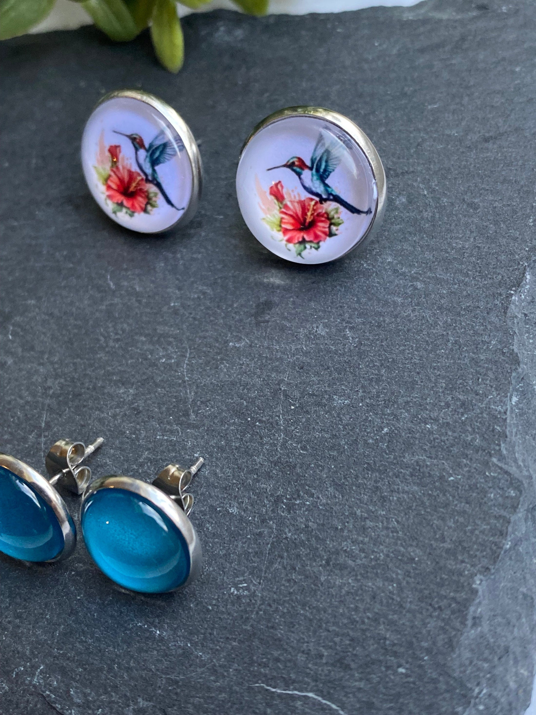 Hummingbird Cabochon Earring Set, Beach Holiday Stud Pack earrings, Double Stud Pack Earrings Set, Colourful Jewelry Gift set for Ladies 1