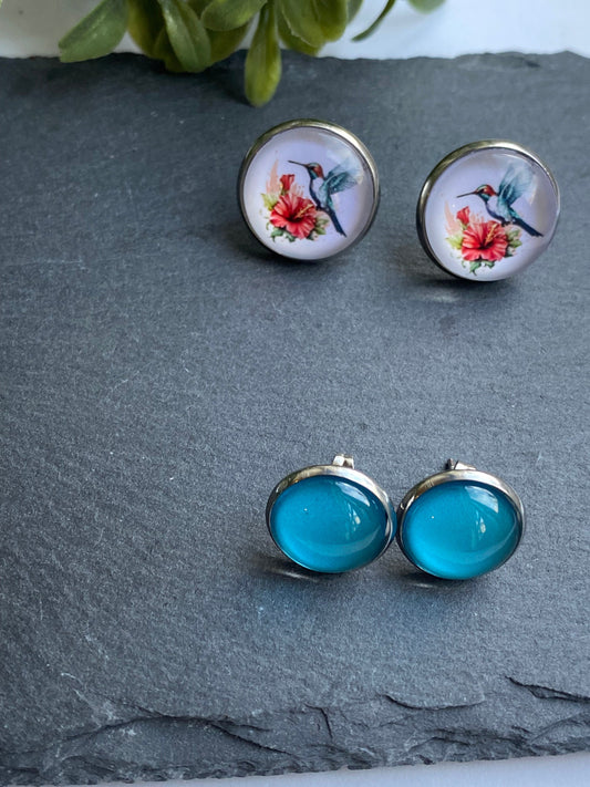 Hummingbird Cabochon Earring Set, Beach Holiday Stud Pack earrings, Double Stud Pack Earrings Set, Colourful Jewelry Gift set for Ladies 1